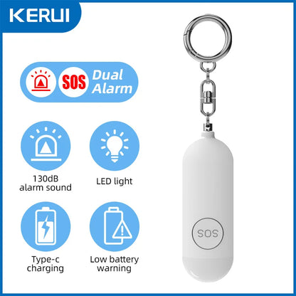 Emergency SOS Siren 130dB Personal Alarm Bright LED Flashlight Compact Self-Defense Safety Keychain for Women, Kids, and Seniors