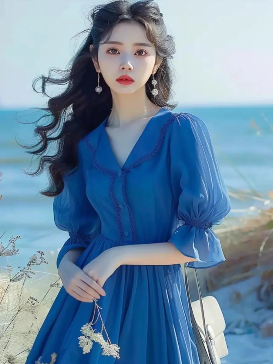 French Blue Bubble Sleeve Dress with Waist Cinching Summer New Style Seaside Vacation Temperament Fresh Dress