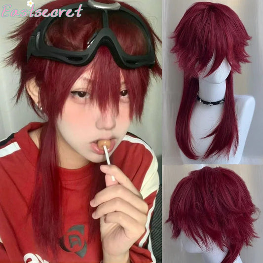 EAST Red Long Straight Synthetic Mullet Head Wig Wolf Tail Layered Fluffy Women and Men Wig for Daily Party Lolita Cosplay