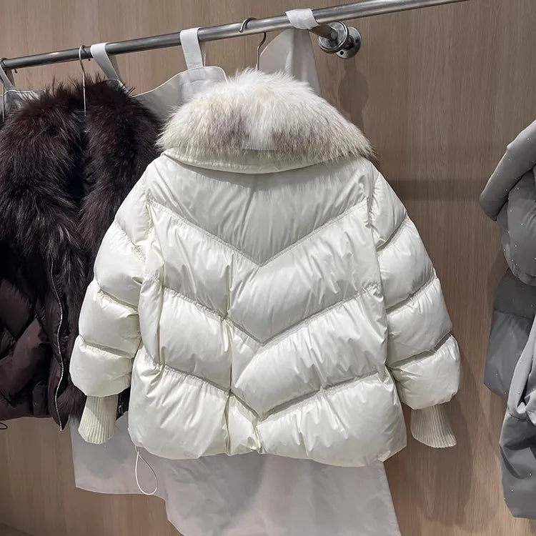 OFTBUY 2025 New Winter Large Real Raccoon Fur Puffer Coat Women Oversized Feather Down Parka Knit Sleeve White Duck Down Jacket