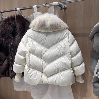 OFTBUY 2025 New Winter Large Real Raccoon Fur Puffer Coat Women Oversized Feather Down Parka Knit Sleeve White Duck Down Jacket