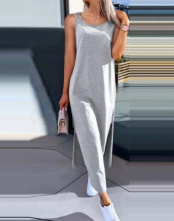 Womens Dresses Summer Fashion Slit Hollow-Out Casual Plain Round Neck Sleeveless Daily Straight Mid-Calf Dress