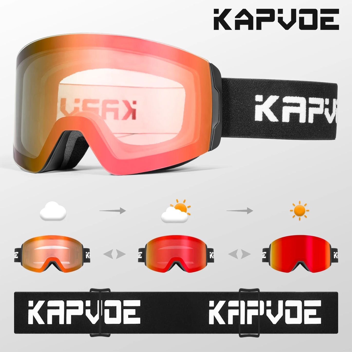 Kapvoe Photochromic Ski Goggles Magnetic Anti-Fog Lenses UV400 Protection Men Women Ski Goggles Winter Sports Eyewear
