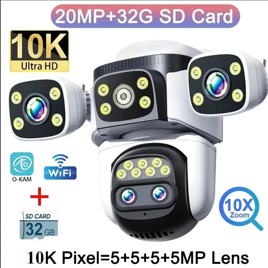 20MP 10X Optical Zoom WiFi6 Outdoor Security Cam Four Lens Three Screens Auto Tracking 6K Dual Len Waterproof WiFi CCTV Cam 10K