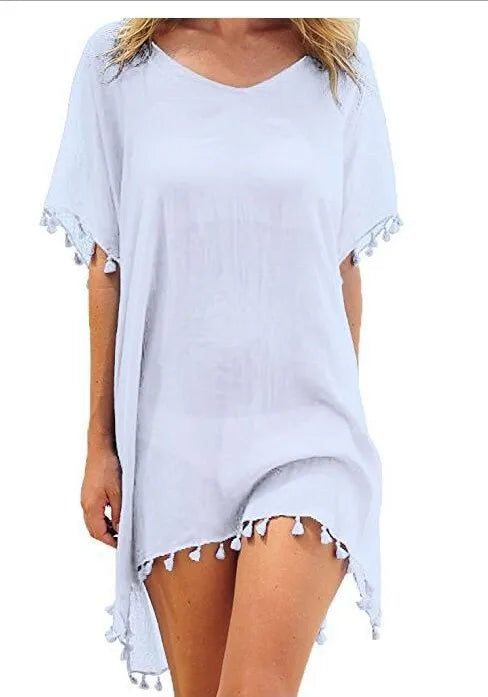2023 Chiffon Tassels Beach Wear Women Swimsuit Cover Up Swimwear Bathing Suits Summer Mini Dress Loose Solid Pareo Cover Ups