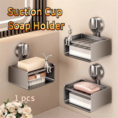 No-Drill Bathroom Soap Holder - Suction Cup Wall Mount Organizer Double Drainage, Holds Soap & Sponge, Space-Saving Storage Rack
