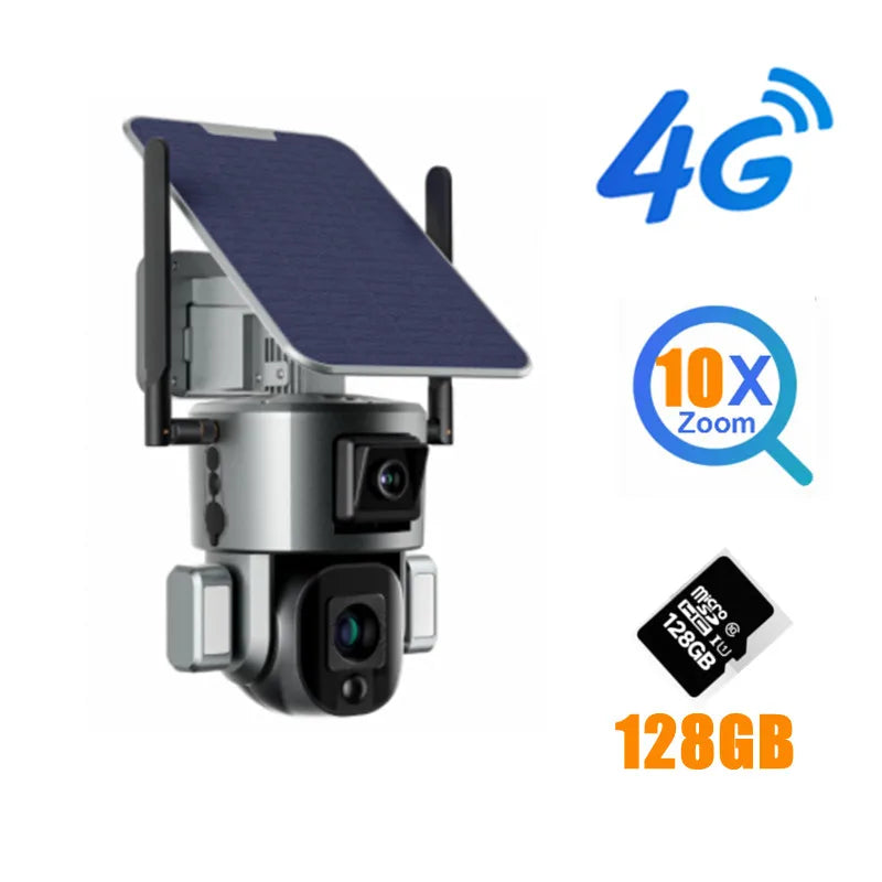 4K 8MP Dual Lens Solar Camera 10X/4X Zoom 4G SIM/WIFI Security Outdoor Camera Humanoid Tracking Color Night Vision Camera Solar
