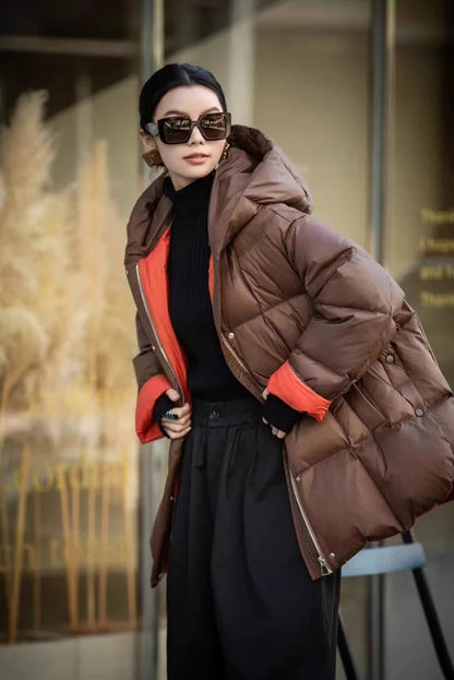 Schinteon Women Down Jacket Casual Loose Over Size Warm Autumn Winter Outwear White Duck Down with Hood Fashion Coat 2024 New