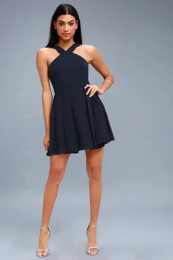 Women Sleeveless Backless Sexy Club Mini Dress 2024 Summer Party Strappy Back Zipper Solid Shift Halter Short Dresses