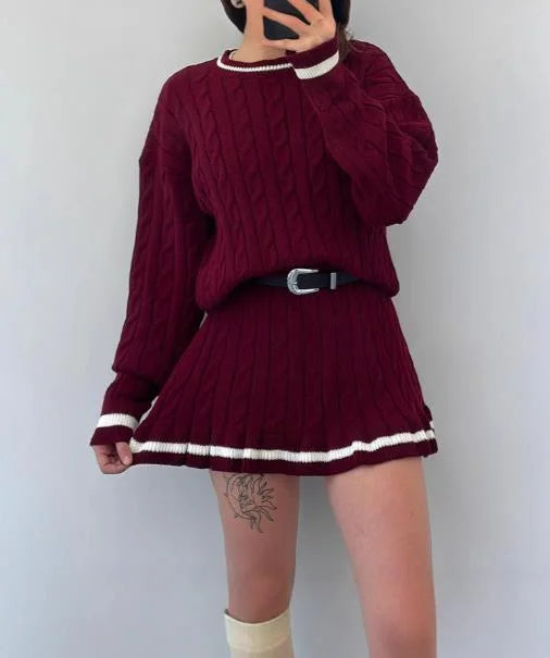 Two Piece Set Women Outfit Spring Autumn New Round Neck Twists Knitted Sweater & High Waist Ruffles Hem Mini Skirt Set