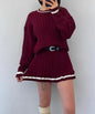 Two Piece Set Women Outfit Spring Autumn New Round Neck Twists Knitted Sweater & High Waist Ruffles Hem Mini Skirt Set