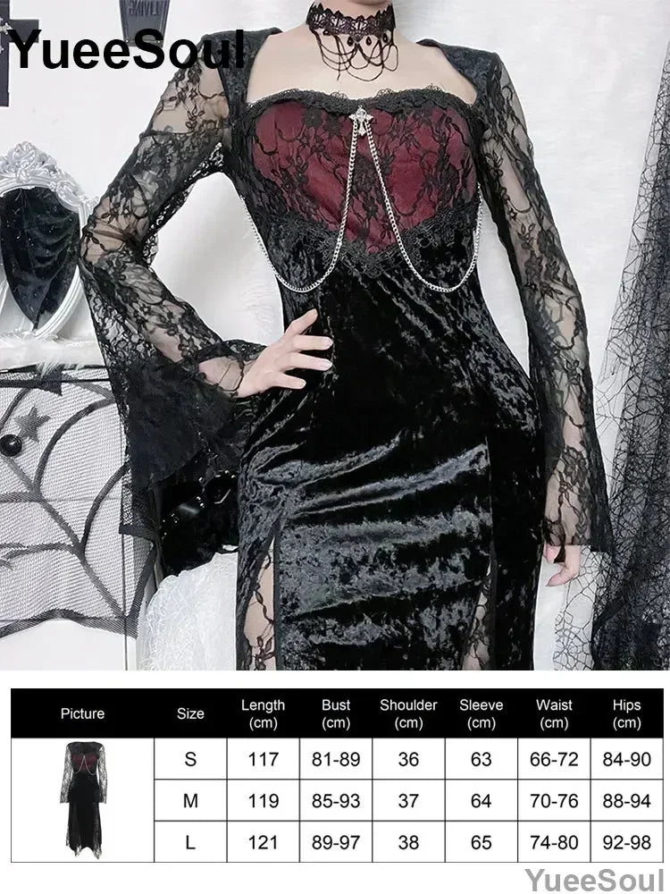 Halloween Gothic Grunge Punk Women Dress Long Sleeve Lace Slim Black Dresses 2025 New Y2K Harajuku Lolita Fairy Core Party Dress