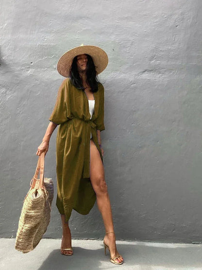 New Boho Beach Kimono Swimwear Women Cotton Holiday Summer Women's Tunic Beachwear Outfits Solid Oversize Cover-Ups