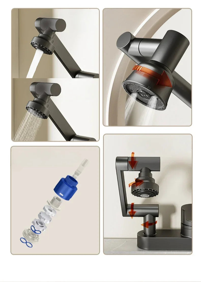 Double Hole Basin Faucets Bathroom Cold and Hot Mixing Tap 2 Modes Nozzle Faucet Sink Basin 360° Rotation Mixing Valve