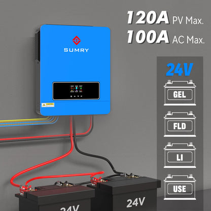 Sumry 3600w Hybrid Solar Inverter 110/120v 24v Dual Output with MPPT 120A 50/60hz Pure Sine Wave Home Inversor