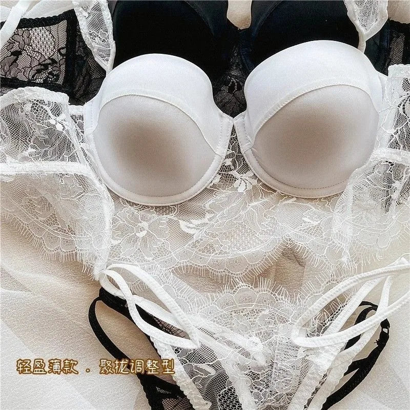 Sexy Lingerie Women Lace Transparent Underwear Embroidery Brief Set Delicate Bra Push Up Lace Gathered Edge Bra and Panty Set