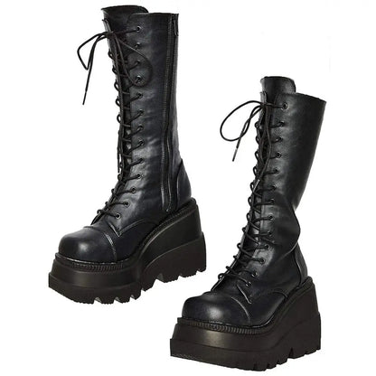 DoraTasia Black Gothic Fashion Round Toe Side Zipper Lace Up Women's Mid Calf Boots New INS Christmas Street Party Shoes Woman