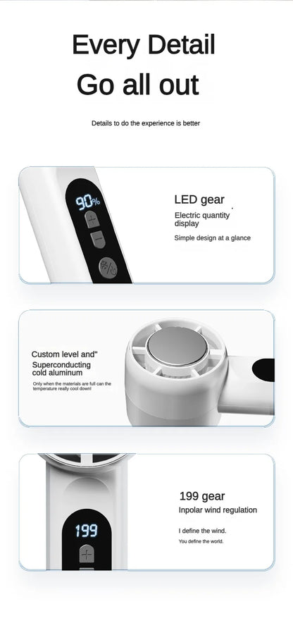 Handheld Portable Fan 199-Speed Desktop Fan USB Rechargeable Cooling Refrigeration Fan LED Display For Home Office Travel ﻿