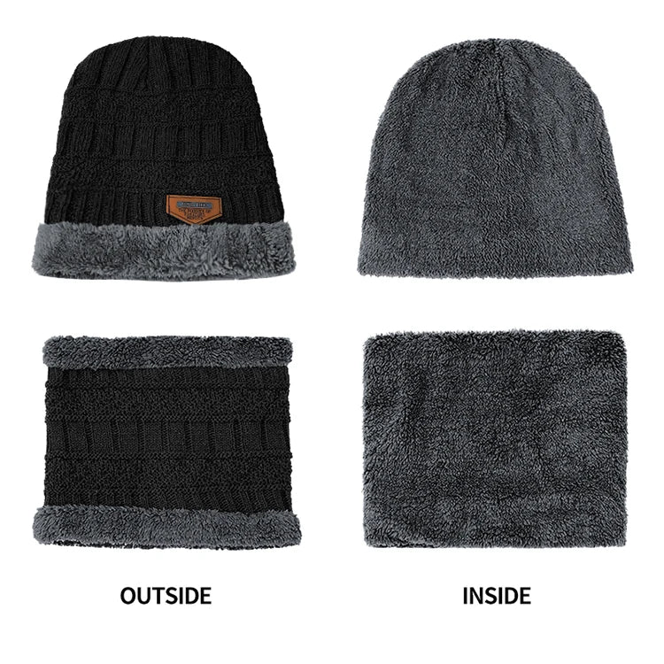Winter Men Women Thick Beanie Hat Knitted Hat Winter Cap Beanie Female Wool Neck Scarf Cap Balaclava Mask Bonnet Hats Set