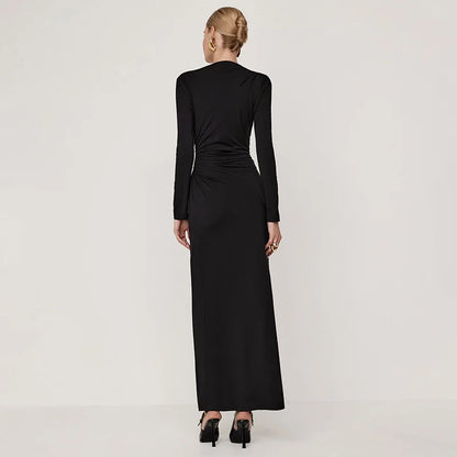 Tossy Pleated Slim Fashion Maxi Dress For Women Elegant High Waist Long Sleeve Bandage Autumn Dress Ladies Patchwork Long Dress