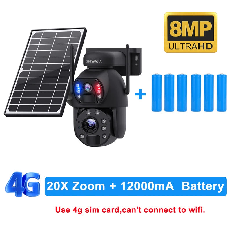 SHIWOJIA 4K 8MP 4G Solar Camera 20X Zoom Dual Lens Recording Humanoid Tracking Outdoor WIFI Camera Metal Waterproof CCTV