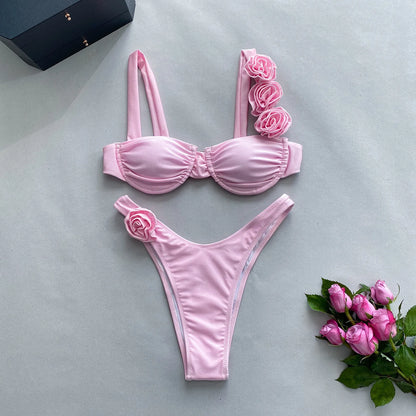 2024 New Bikini Set Womens Steel Plate Solid Color Three-dimensional Flower Split Ladies Swimsuit Women