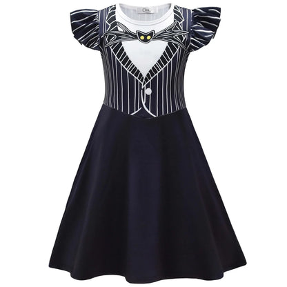 Halloween Skeleton Cosplay Costume for Kids Girl Jeck Striped Top Dress Outfit Horror Scary Christmas Party Uniform Mask Suit