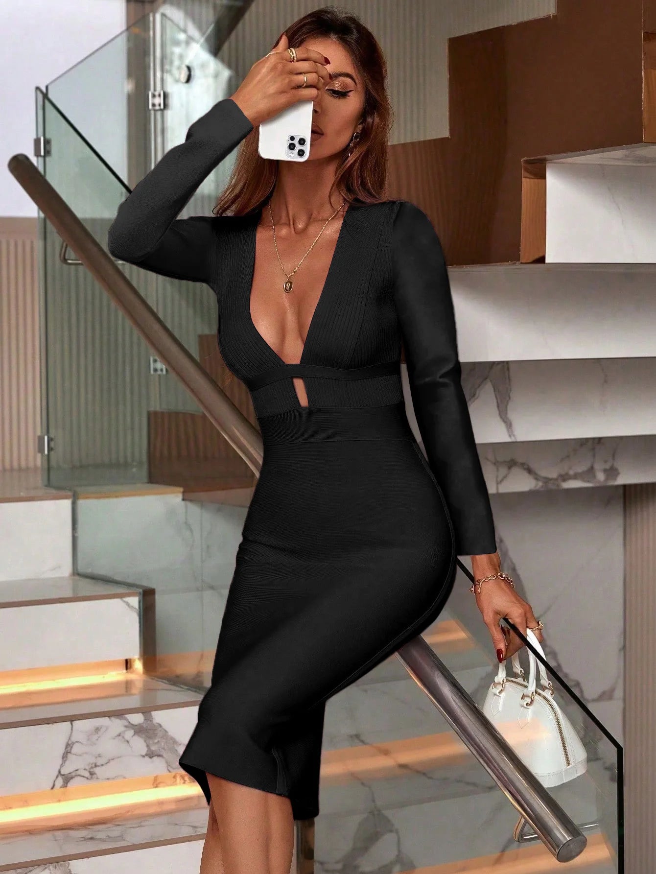 Sexy Elegant Black Long Sleeve Midi Backless Bodycon Bandage Dress