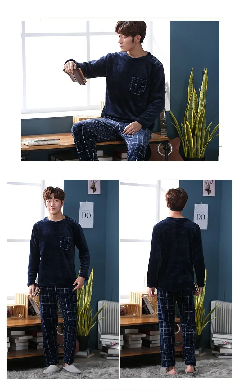 Winter New Thickening Round Neck Long Sleeve 2 Piece Outfit Set Man Flannel Man Clothing Set Advanced Printing Lounge Sets Man