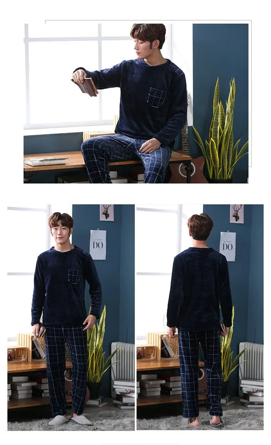 Winter New Thickening Round Neck Long Sleeve 2 Piece Outfit Set Man Flannel Man Clothing Set Advanced Printing Lounge Sets Man