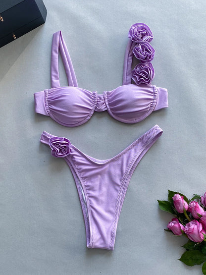 2024 New Bikini Set Womens Steel Plate Solid Color Three-dimensional Flower Split Ladies Swimsuit Women