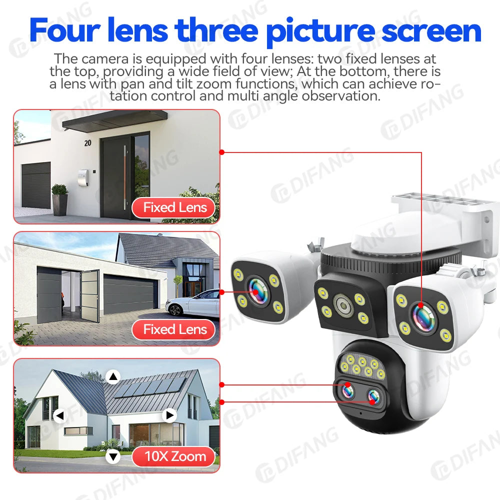 20MP 10X Optical Zoom WiFi6 Outdoor Security Cam Four Lens Three Screens Auto Tracking 6K Dual Len Waterproof WiFi CCTV Cam 10K