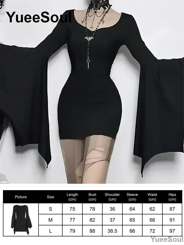 Halloween Gothic Grunge Punk Women Dress Long Sleeve Lace Slim Black Dresses 2025 New Y2K Harajuku Lolita Fairy Core Party Dress