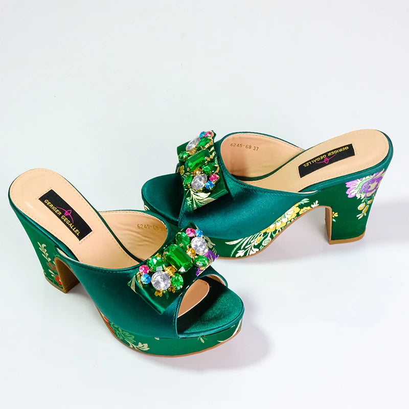 Fashion Women's Shoes High Heels Sexy Ladies Party Wedding Pattern Embroidery Mules High Heel Sandal Casual Beach Shoes For Lady