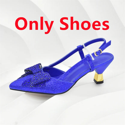 2025 Fashiona Banquet Exquisite Party Top Luxury Pointed Toe Bowtie Bright Diamond Summer Women's High Heels Shoes and Bags Set
