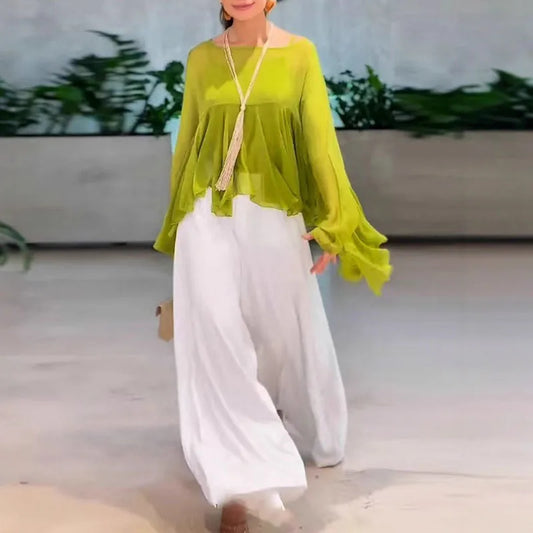 Simple Fashion Solid 2 Pieces Set Woman Elegant Crew Neck Ruffle Blouse Shirts & Wide Leg Pants Suits Long Sleeve Autumn Outfits