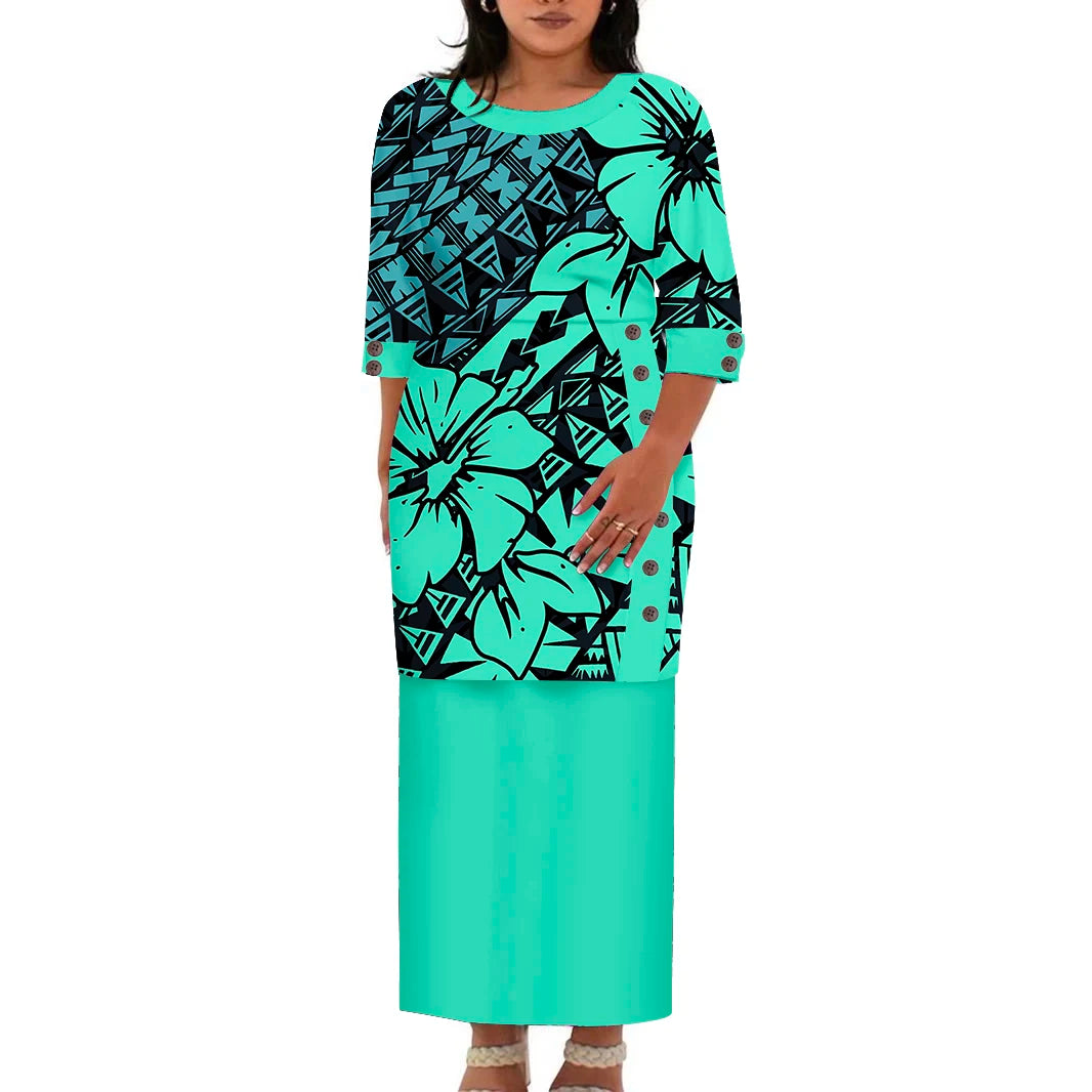 Hawaii Style Design Big Size Ladies Long Dress Custom Polynesian Puletasi Ptaha Dress O Neck Prom Clothes 2 Piece Outfits Sets