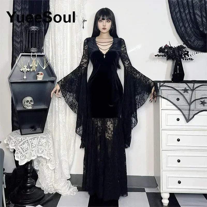 Halloween Gothic Grunge Punk Women Dress Long Sleeve Lace Slim Black Dresses 2025 New Y2K Harajuku Lolita Fairy Core Party Dress