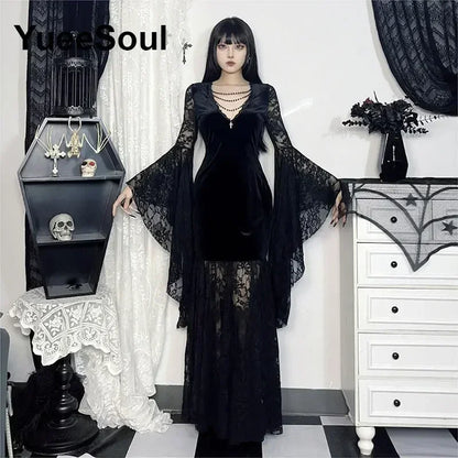 Halloween Gothic Grunge Punk Women Dress Long Sleeve Lace Slim Black Dresses 2025 New Y2K Harajuku Lolita Fairy Core Party Dress