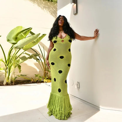 Designed Polka Dot Knitted Long Dress V Neck Hollow Out Fringe Hem Dresses 2025 Summer New Women's Elegant Party Evening Gown