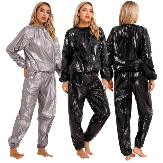 2Pcs Women Sauna Suit PVC Long Sleeve Elastic Cuff Top Pants Set Fitness Gym Workout Outfit Sweat Suits for Adults Clothes Sets