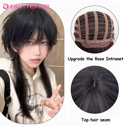 Mullet Head Wig Short Synthetic Straight golden black Fluffy Natural Wolf Tail Hair Men and Women Wig for Daily Party Cosplay