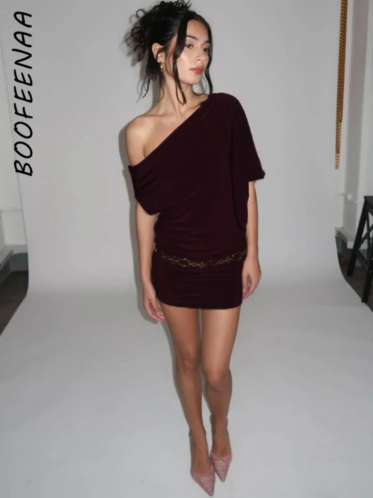 BOOFEENAA Asymmetrical Off Shoulder Mini Dresses 2025 Woman Clothes Fashion Sexy Summer Dress C77-BB20