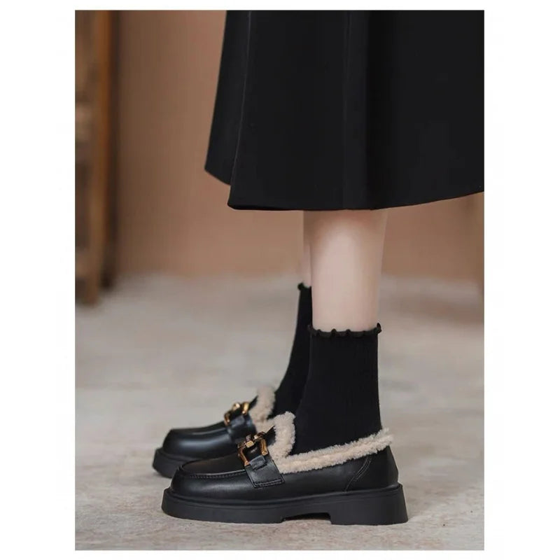 Women's Fur Lined Loafers Chunky Platform Winter Shoes Horsebit Slip On  Comfortable Flats