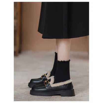 Women's Fur Lined Loafers Chunky Platform Winter Shoes Horsebit Slip On  Comfortable Flats