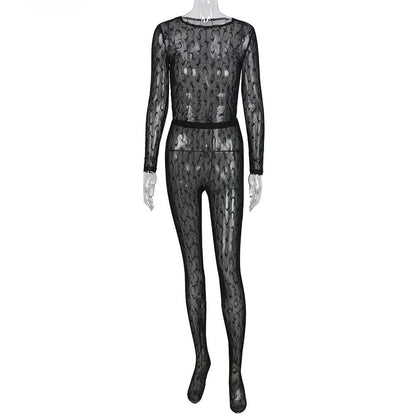 Sexy Streetwear Me See-tough Long Sve Set Pure Color round Ne Fitted Sle for Young Women 8-35 Summer Collection