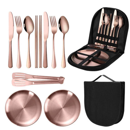 11 Pcs/lot Picnic Tableware Kit Portable Stainless Steel Knife Fork Spoon Plate Cutlery Set Outdoor Travel Camping Equipment