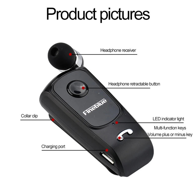 Fineblue F920 Wireless Retractable Portable Mini Bluetooth Headset Calls Remind Vibration Wear Clip Sports Running Earphone