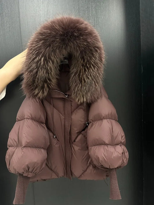 OFTBUY 2025 New Winter Large Real Fur Hooded Puffer Jacket Women Thicken Warm Knitted Sleeve Coat White Duck Down Mid Long Parka