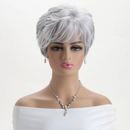 Short Natural Wigs with Bangs Soft Mommy Hair Daily Use Short  Grey Ombre Curly Synthetic Hair Costume Party Wig for Women